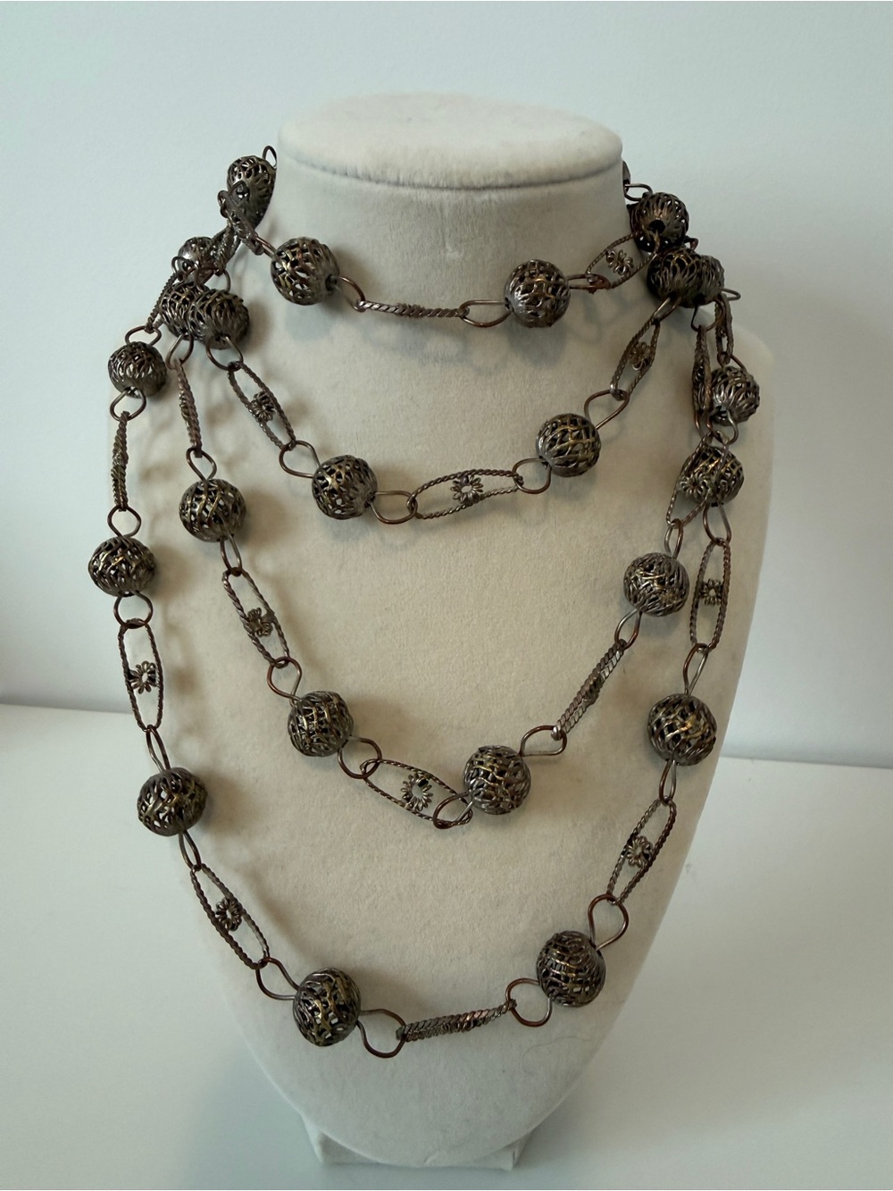 Vintage Filigree Ball Long Necklace - Bronze Tone